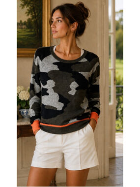 Brodie Cashmere Camo Crew Neck Sweater Size S Green Orange Sporty